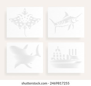 Halftone Lines Hologram Effect with shark,  swordfish,  manta ray, cargo ship, Gray Vector Set 