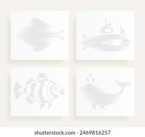 Halftone Lines Hologram Effect with Whale, fishes, Submarine,  Flounder,  Clownfish,  Gray Vector Set 