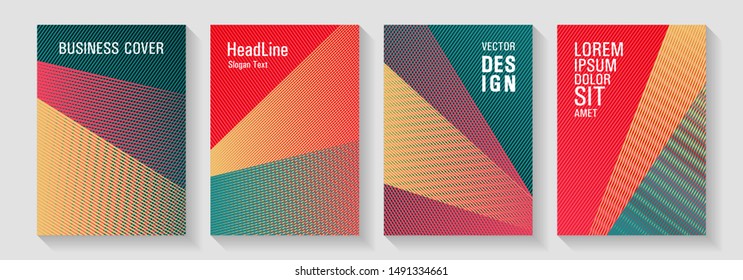 Halftone lines placard backgrounds design. Minimal presentation backdrops. Plastic style cover templates set. Stylish magazine vibrant leaflets. Colorful halftone gradients for web.