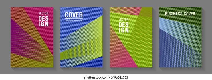 Halftone lines placard backgrounds design. Marketing catalog creative mockups. Hipster art covers geometry set. Magic notebook frameworks. Futuristic journal mockups.