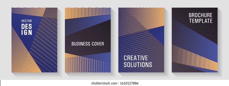 Halftone lines placard backgrounds design. Cool triangles compositions. Cover templates set with logo places. Dynamic technological wallpapers. Poster linear minimalistic Eps10 vectors.