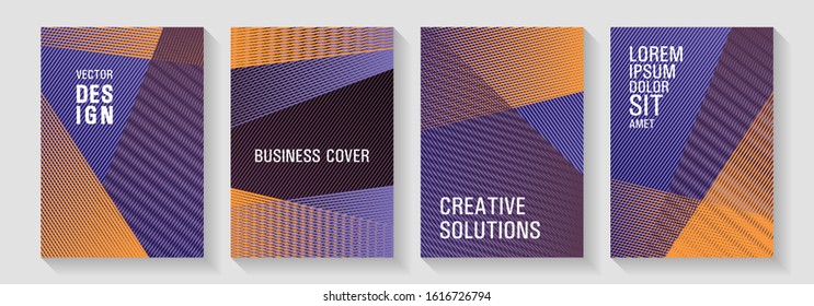 Halftone lines placard backgrounds design. Trendy magazine backdrops. Dynamic technological wallpapers. Bauhaus minimal placard backgrounds. Cover templates set with logo places.