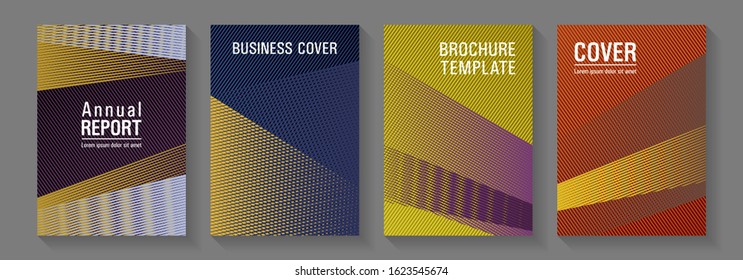 Halftone lines placard backgrounds design. Marketing catalog creative mockups. Advanced technological concept. Plastic style cover templates set. Trendy magazine backdrops.