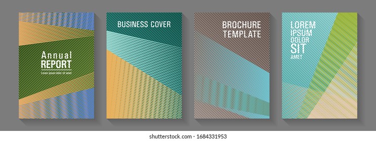 Diseño de fondo de rótulo de líneas de semitono. Concepto de revistas científicas. Simulaciones de informes corporativos. Líneas de diseño de folleto de textura degradada. Conjunto de plantillas de portada de estilo plástico.