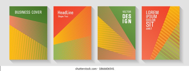Halftone lines placard backgrounds design. Hipster art covers geometry set. Rectangle leaflet box cards. Colorful halftone gradients for web. Advertising publication backdrops.