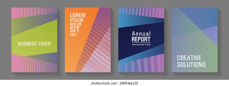 Halftone lines placard backgrounds design. Tech diagonal elements backdrops. Magic notebook frameworks. Contemporary paper covers design set. Future geometric patterns Eps10 vector.