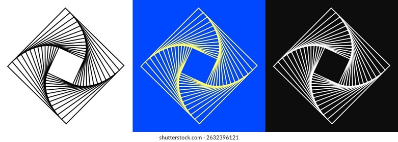 Halftone lines in square frame. Modern abstract shapes. Waves in square frame. Spiral black form on black and white background - vector