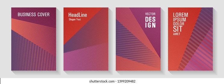 Halftone lines texture vector prints. Sale catalog vivid mockups. Marketing brochure covers design set. Bright business reports concept. 2d abstract shapes tech compositions.