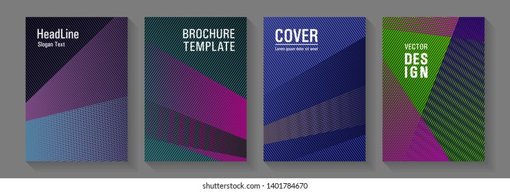 Halftone lines texture vector prints. Vibrant gradient book backdrops. Thin stripes blend covers design set. Poster linear minimalistic Eps10 vectors. Advanced technological concept.