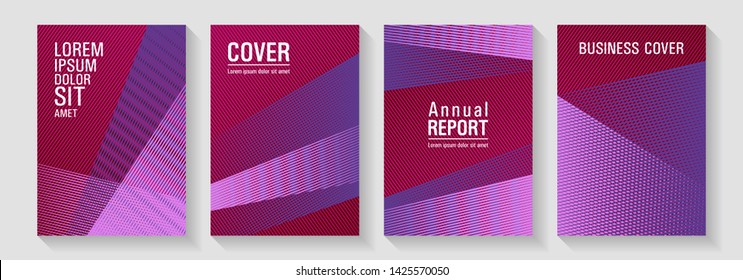 Halftone lines texture vector prints. Corporate report mockups. Plastic style cover templates set. 2d abstract shapes tech compositions. Rectangle leaflet box cards.