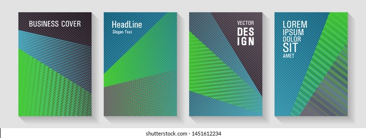 Halftone lines texture vector prints. Flat style booklet concepts. Educational certificates concept. 2d abstract shapes tech compositions. Laconic rectangle cover templates set.