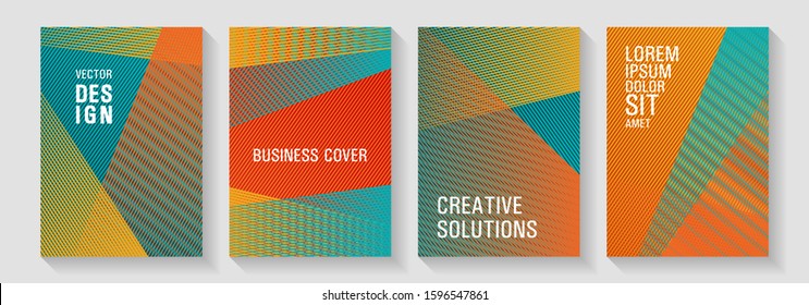 Halftone lines texture vector prints. Lines gradient texture booklet layouts. Educational brochure covers set. Vibrant gradient book backdrops. Scientific journals concept.