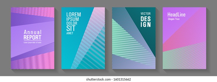 Halftone lines texture vector prints. Stationery notebook covers design set. Triangle element layers modern patterns. Vibrant gradient book backdrops. Stylish magazine vibrant leaflets.