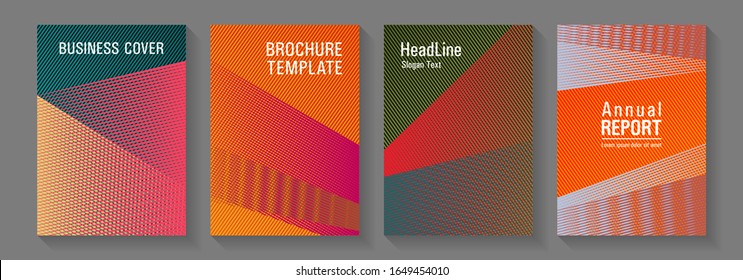 Halftone lines texture vector prints. 2d abstract shapes tech compositions. Digital stylish outlet backdrops. Rectangle leaflet box cards. Hipster art covers geometry set.