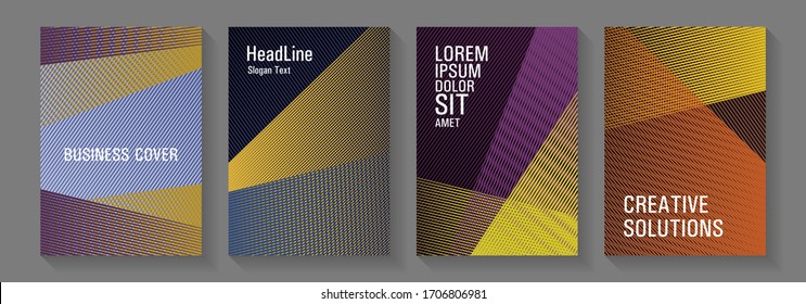 Halftone lines texture vector prints. Cover templates set with logo places. 2d abstract shapes tech compositions. Technological 2d backdrops. Bright business reports concept.