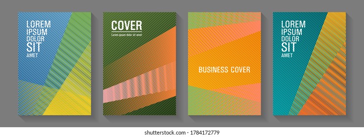 Halftone lines texture vector prints. Colorful halftone gradients for web. Modern gradient folder mockups. School presentation elegant leaflets. Thin stripes blend covers design set.