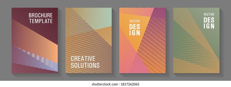 Halftone lines texture vector prints. Educational certificates concept. Trendy stationery folder backgrounds. Future dynamic covers geometry set. Corporate report mockups.