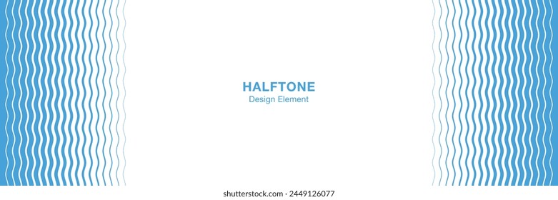 Halftone lines wavy frame. Design for poster, invitation, gift card, coupon, book cover. Banner half tone. Blue stripes wave frame. Retro vintage background. Vector water frame.