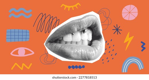 Halftone Lips Banner. Trendartige Vektorstücke. Handgezeichnete moderne Formulare für die Karte, Druck auf die Kleidung. Kreative Collage.