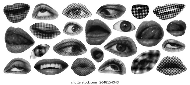 Lábios de meio-tom e olhos em estilo grunge. Características faciais de meio-tom com um efeito de fotocópia monocromática. Recortes de lábios e olhos de mulheres em revistas e jornais expressando várias emoções. Colagem grunge