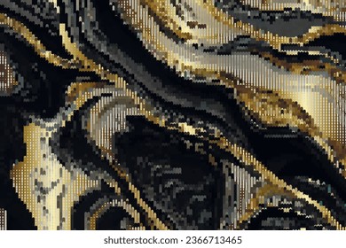 Halftone liquid waves muir mural droplets coastlines stripes textured mosaic pattern. Beautiful ornamental wavy lines vector background. Modern half tone luxury ornaments in gold black colors.