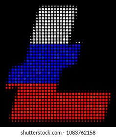 Halftone Litecoin pictogram colored in Russia official flag colors on a dark background. Vector concept of litecoin icon combined from round items.