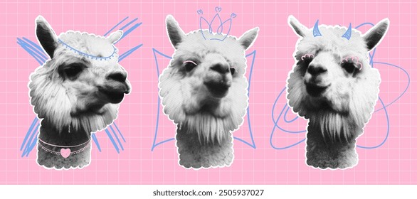 Halftone llamas with doodle elements. Modern animal design in dark color with torn paper. Y2K stickers for design. Animals, llamas. For banners, social media, posters. Collage elements