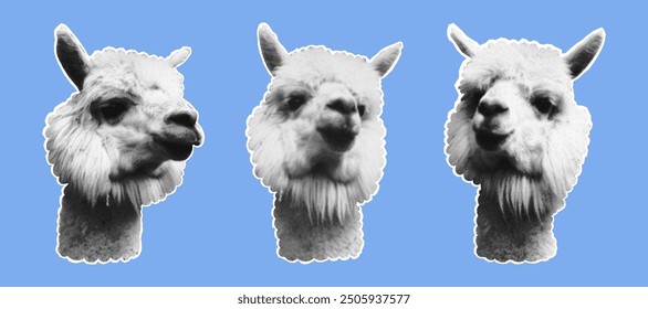 Halftone llamas. Modern animal design in dark color with torn paper. Y2K stickers for design. Animals, llamas. For banners, social media, posters. Collage elements