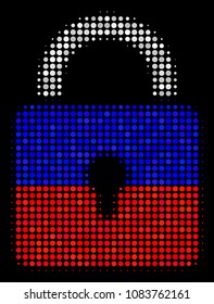 Halftone Lock icon colored in Russia state flag colors on a dark background. Vector concept of lock icon composed from spheric spots. Designed for political and Russian patriotic proclamations.