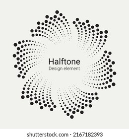 Halftone logo. Circular dotted logo isolated on the white background. Garment fabric design. Halftone circle dots texture. Vector design element for various purposes.