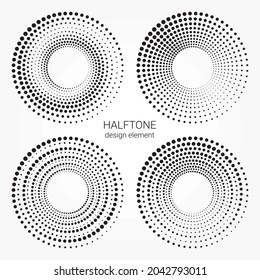Halftone logo set. Circular dotted logo isolated on the white background. Garment fabric design.Halftone circle dots texture. Vector design element for various purposes.