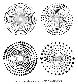 Conjunto de logotipos de semitono. Logo de puntos circulares aislado en el fondo blanco. Diseño de tela textil. El círculo semitonario se ajusta a la textura. Elemento de diseño de vectores para diversos fines.