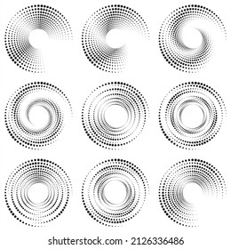 Halftone logo set. Circular dotted logo isolated on the white background. Garment fabric design. Halftone circle dots texture. Vector design object for various purposes. Vector illustration.