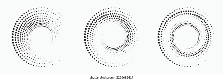 Halftone logo set. Circular dotted logo isolated on the white background. Garment fabric design set. Halftone circle dots texture, pattern, background. Vector design element. Vector illustrations.