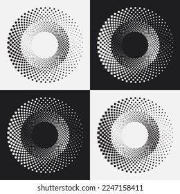 Halftone logo set. Circular dotted logo isolated on the white background. Garment fabric design.Halftone circle dots texture. Vector design element for various purposes.