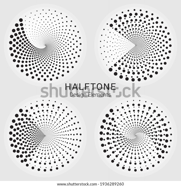 Halftone logo set. Circular\
dotted logo isolated on the white background. Garment fabric\
design.Halftone circle dots texture. Vector design element for\
various purposes.