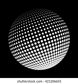 Halftone logo template. White round icon on black background, abstract globe symbol, business concept. Abstract white dotted sphere. Science and tourism, technology or financial background