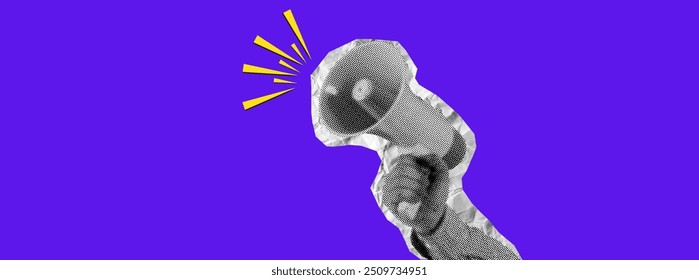 Halftone loudspeaker in hand - vintage collage element. Collage design paper sticker in trendy retro 90s magazine style. Vector illustration with vintage cutout shape