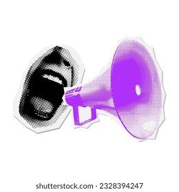 Halftone Loudspeaker and open mouth paper collage element. Megaphone with female lips. Vector illustration. Grunge punk aesthetic