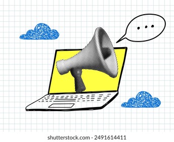 Halftone loudspeaker sticking out of laptop. Modern collage. Doodle style laptop and clouds on a checkered sheet. Trendy newspaper bullhorn. Online shopping concept. Online business