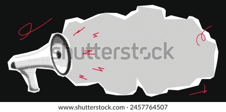 Halftone loudspeaker, trendy retro collage, vintage megaphone for announcing promotion.  loudspeaker with halftone elements. Vector illustration, pop art composition banner.