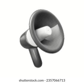 Halftone loudspeaker vector illustration. Dotted pop art style megaphone on white background. 