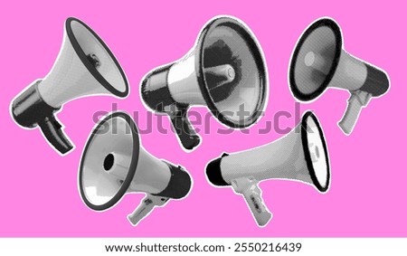 Halftone loudspeakers. Realistic megaphone speaker pop art collage, loud announce message alert music sound speech bullhorn microphone voice broadcast, exact vector illustration original artwork