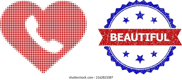 Halftone love call icon, and bicolor dirty Beautiful watermark. Halftone love call icon is constructed with small circle points. Vector watermark with grunge bicolored style,