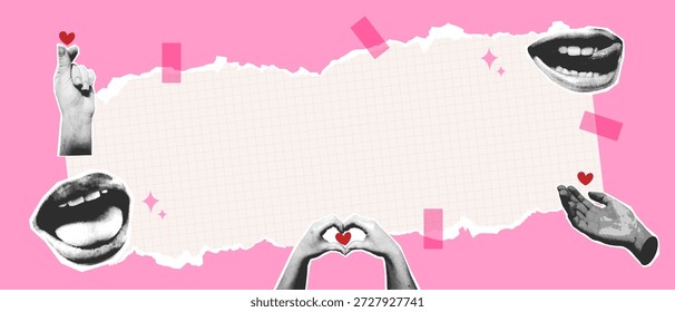 Gestos de amor de medio tono con las manos y los labios collage de Anuncio para el día de San Valentín, arte pop romántico recortado pegatinas partes del cuerpo estilo vintage.