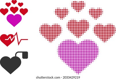 Halftone lovely hearts. Dotted lovely hearts constructed with small circle pixels. Vector illustration of lovely hearts icon on a white background. Halftone pattern contains circle dots.