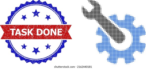 Halftone machine repair icon, and bicolor scratched Task Done seal stamp. Halftone machine repair icon is generated with small circle elements. Vector seal with retro bicolored style,