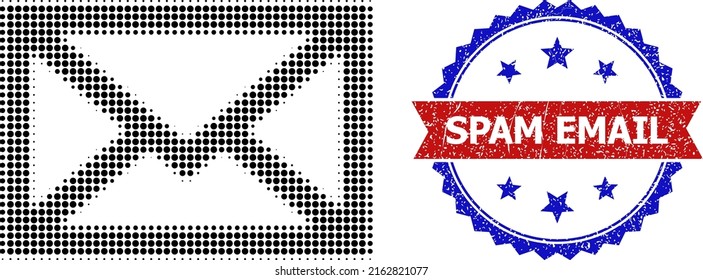 Halftone Mail Briefumschlag Symbol, und bicolor unlean Spam-E-Mail-Siegel Stempel. Das Briefumschlagsymbol von Halftone ist mit kleinen Kreiselementen konzipiert. Vektorwasserzeichen mit unscharfem bicfarbenem Stil,