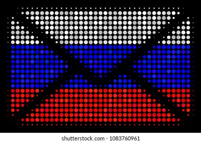 Halftone Mail Envelope icon colored in Russia official flag colors on a dark background. Vector mosaic of mail envelope icon composed from circle elements.