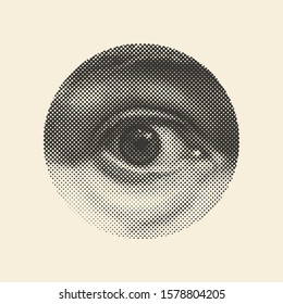 Halftone male eye in the circle. Vector Illustration.